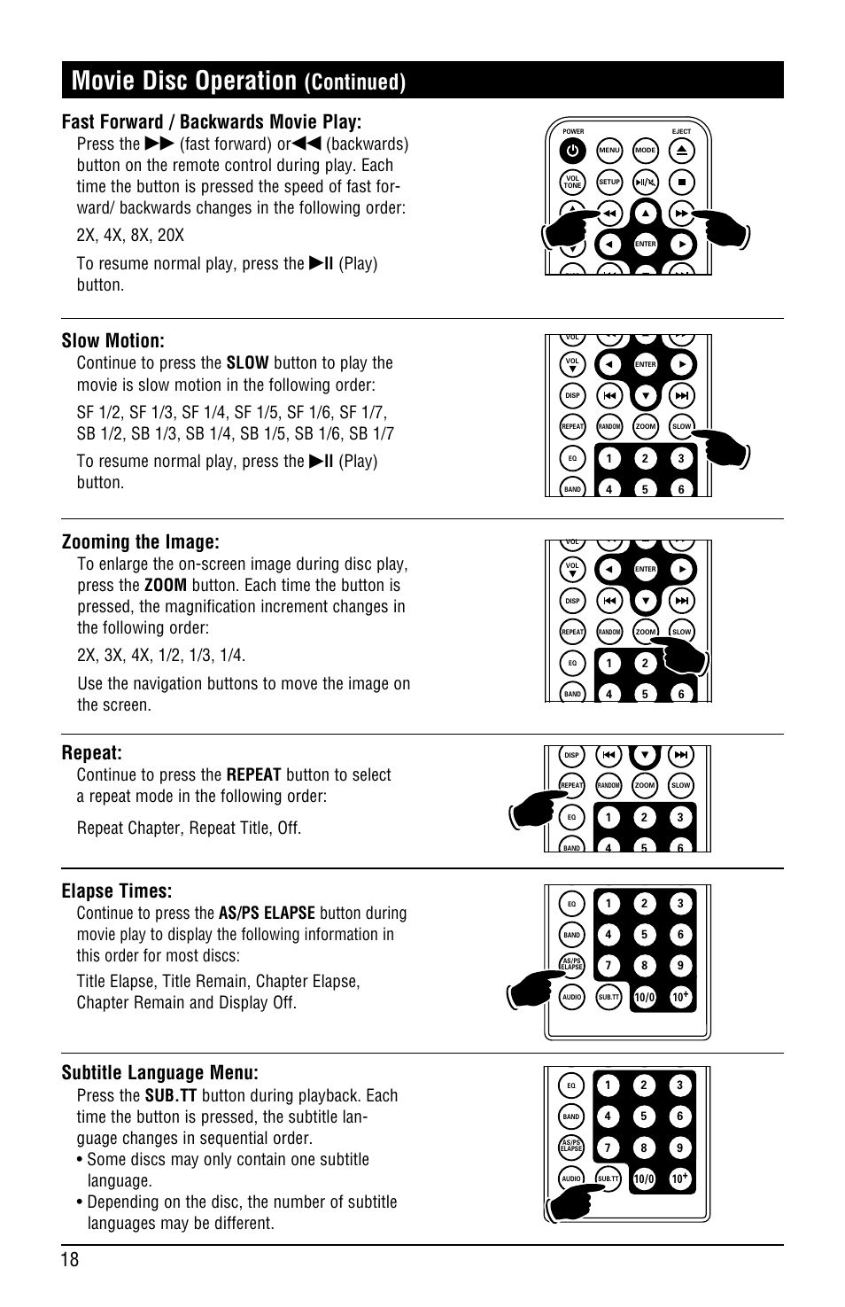 Movie disc operation, Continued), 18 zooming the image | Fast forward / backwards movie play, Slow motion, Subtitle language menu, Repeat, Elapse times, Press the, Fast forward) or | Linear RV5080 User Manual | Page 18 / 32