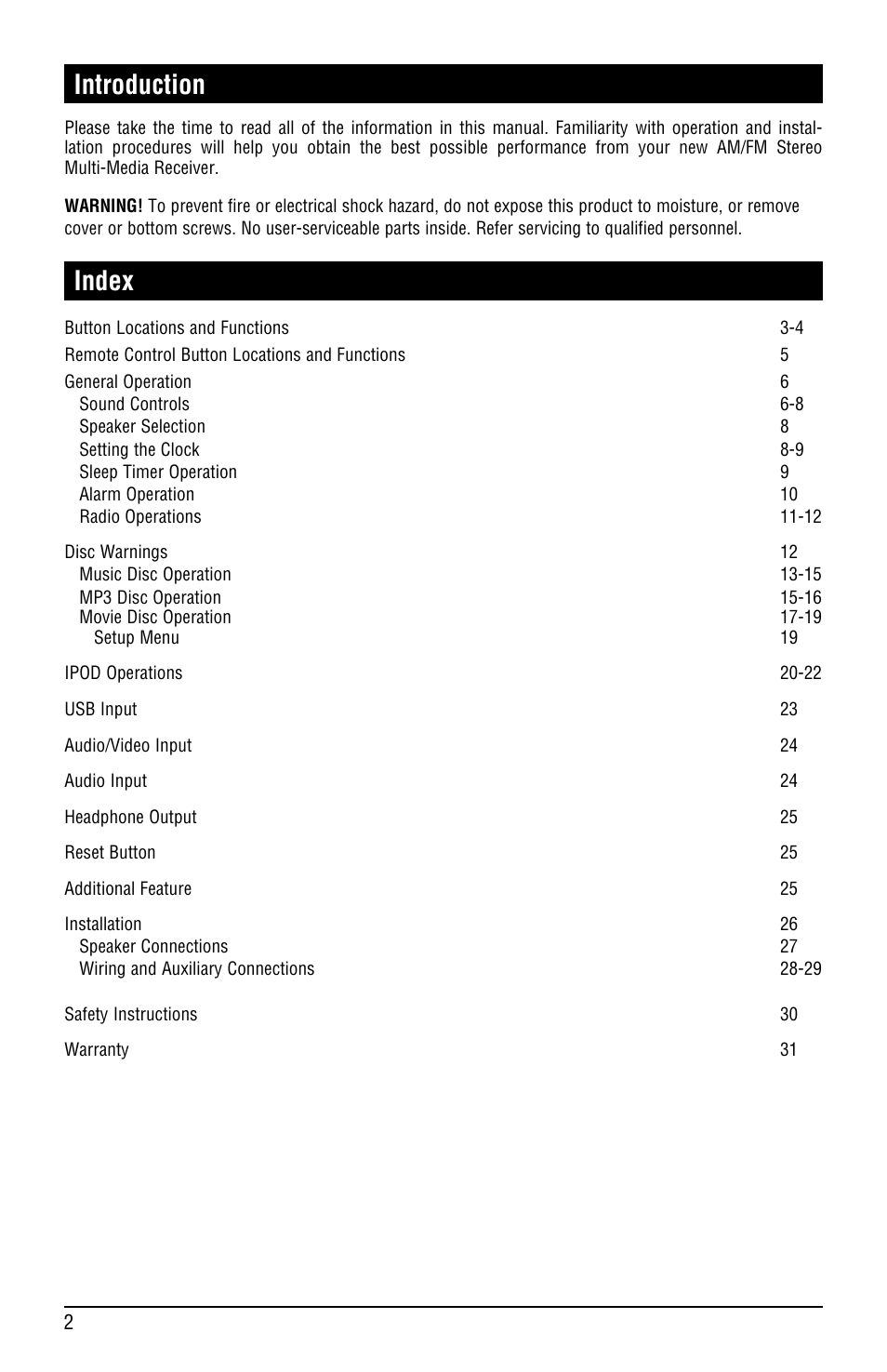 Introduction, Index | Linear RV5080 User Manual | Page 2 / 32