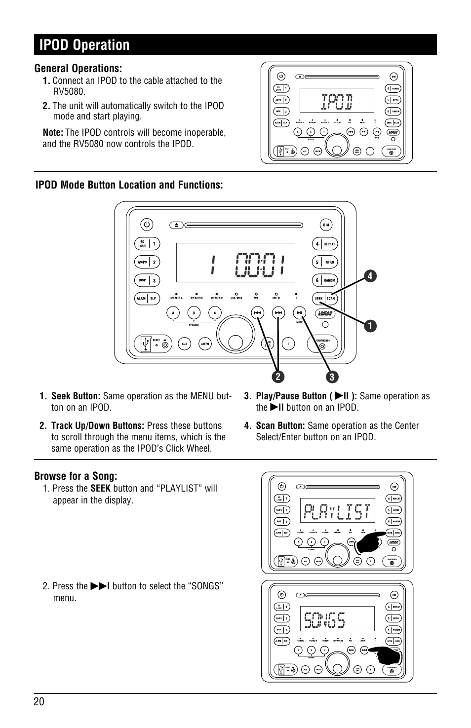 Ipod operation | Linear RV5080 User Manual | Page 20 / 32