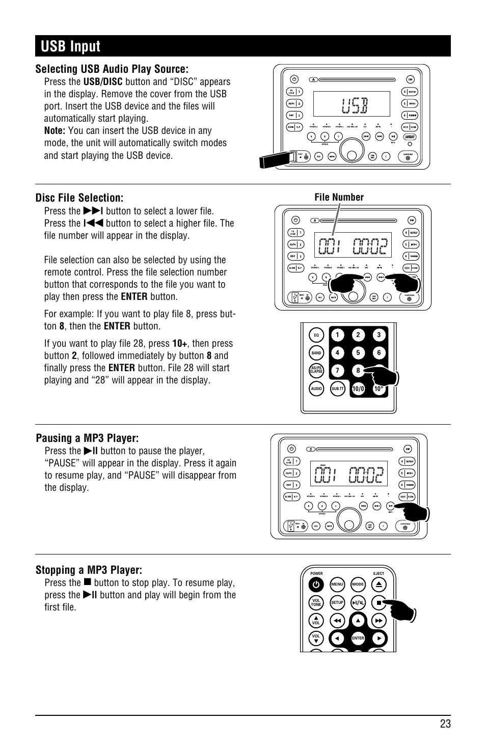 Usb input, Selecting usb audio play source, Disc file selection | Pausing a mp3 player, Stopping a mp3 player, Press the, L button to select a lower file. press the l, Button to stop play. to resume play, press the, Ll button and play will begin from the first file, File number | Linear RV5080 User Manual | Page 23 / 32