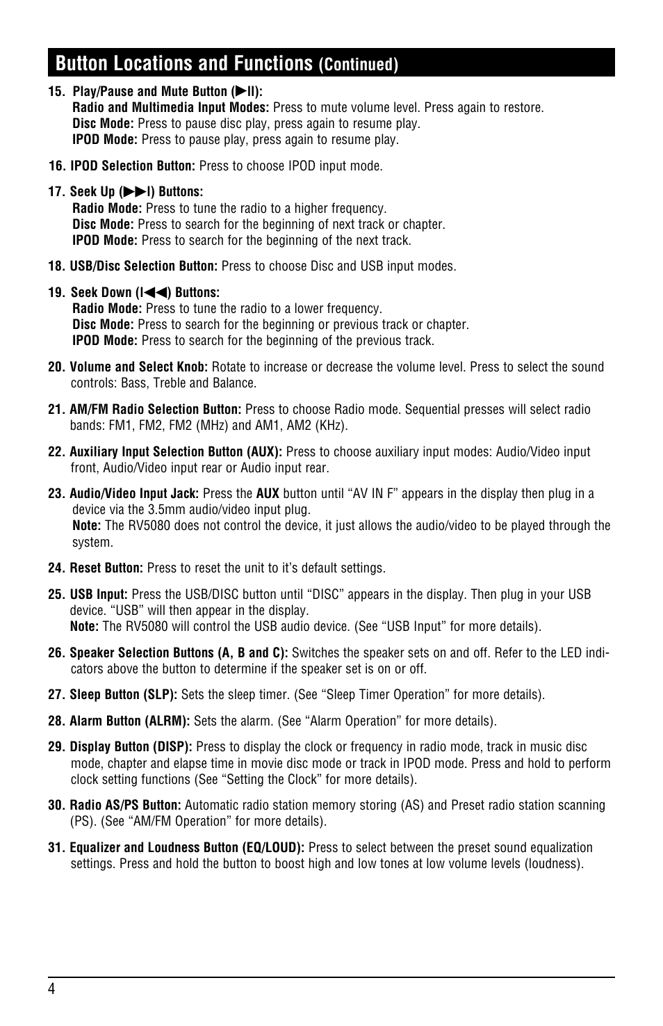 Button locations and functions, Continued) | Linear RV5080 User Manual | Page 4 / 32