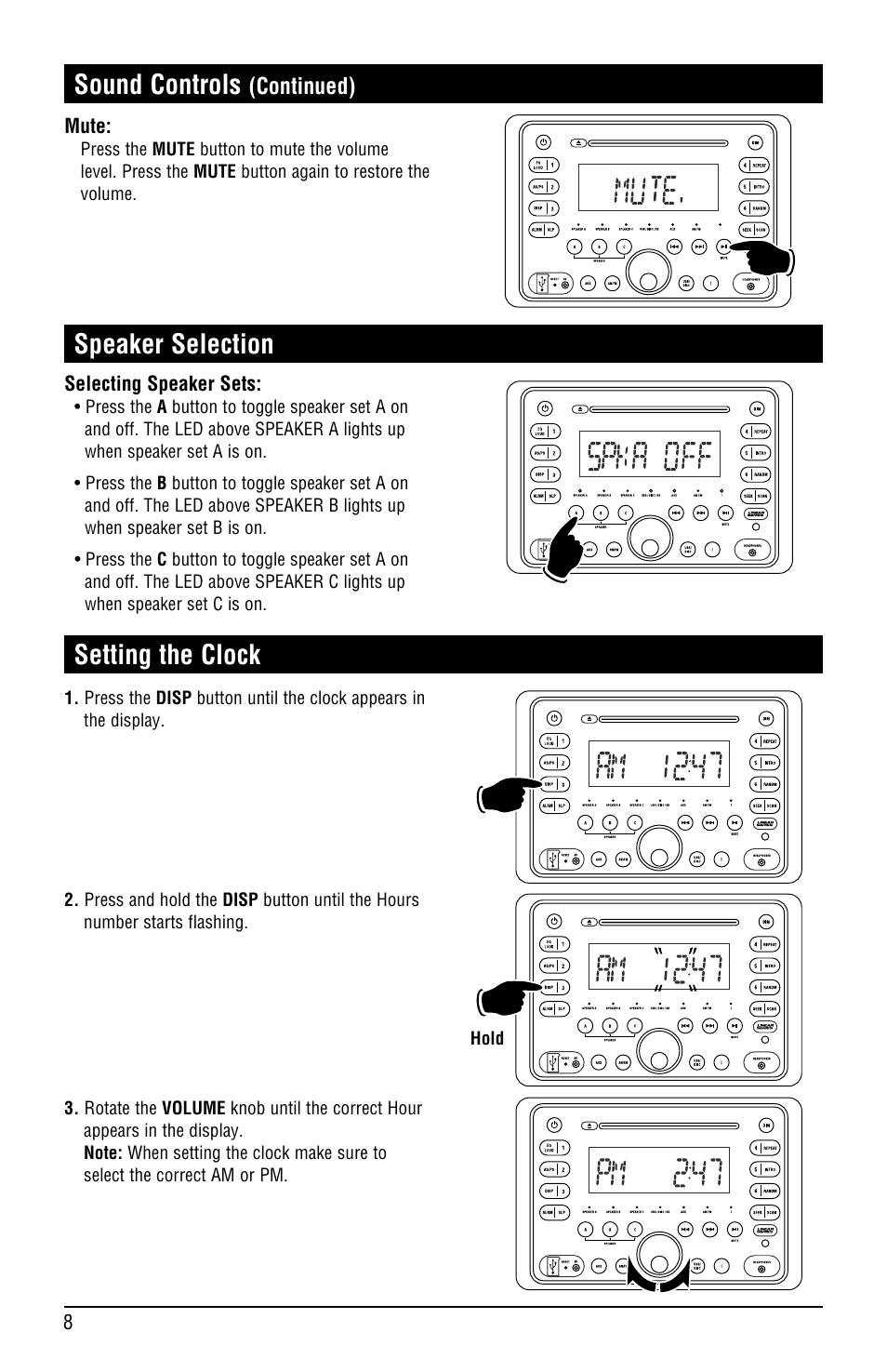 Sound controls, Speaker selection, Setting the clock | Linear RV5080 User Manual | Page 8 / 32