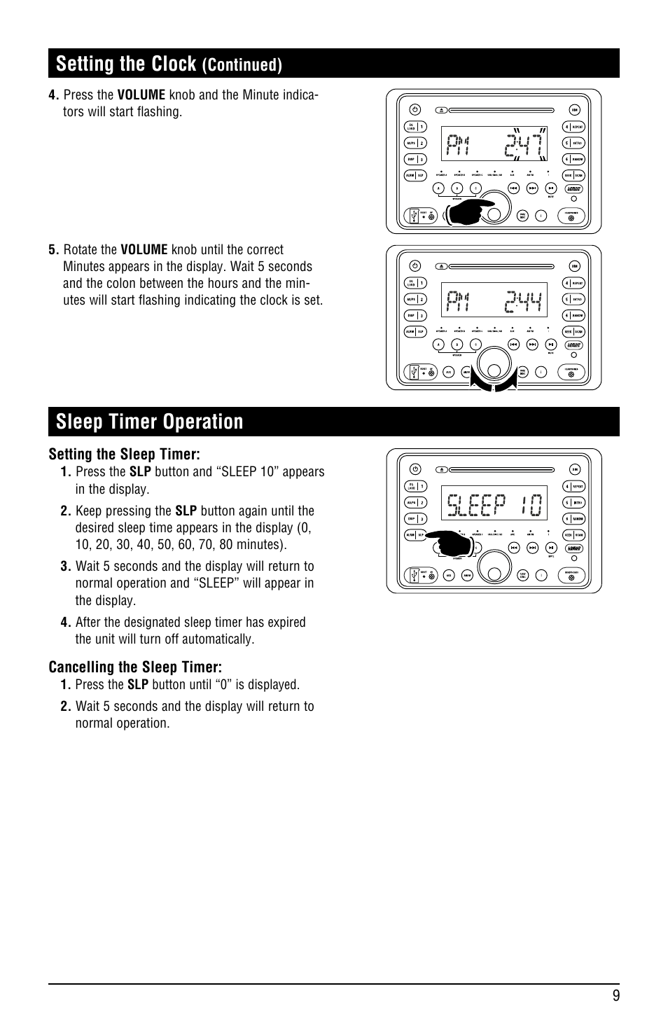 Sleep timer operation, Setting the clock, Continued) | Linear RV5080 User Manual | Page 9 / 32
