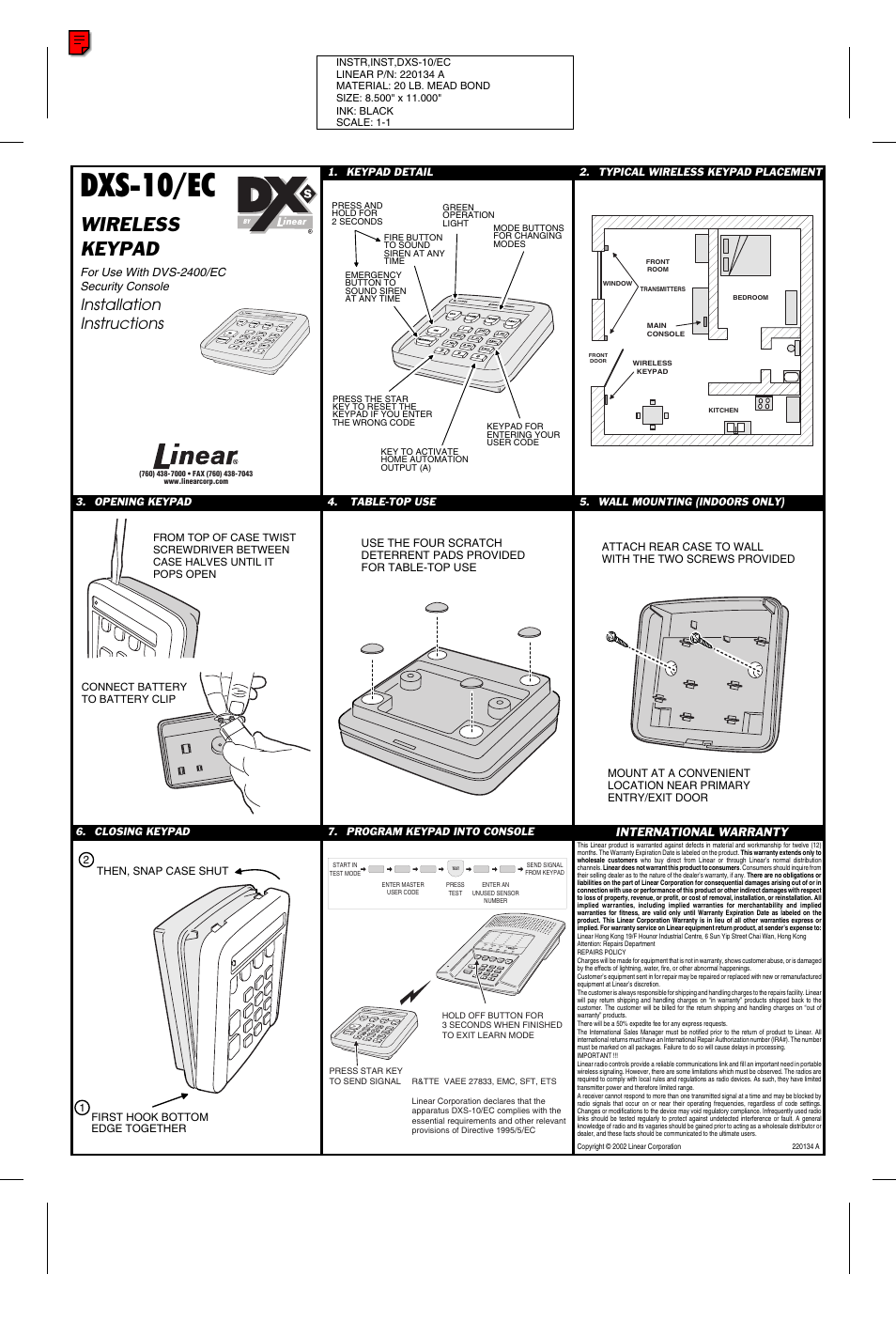 Linear DXS-10/EC User Manual | 1 page