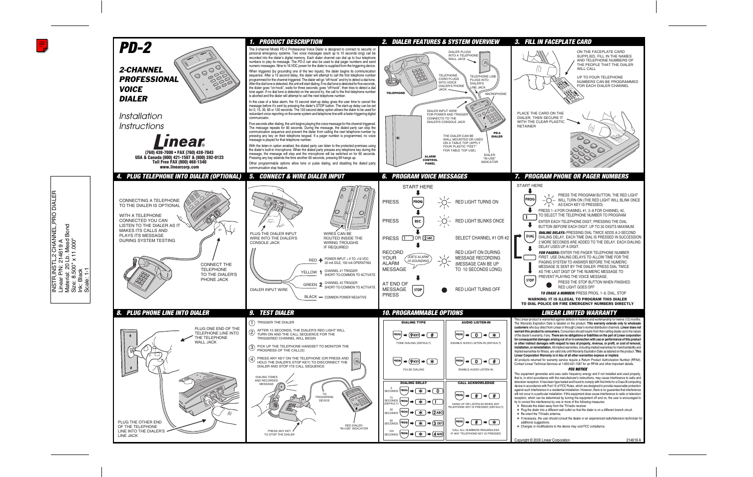 Linear 2-CHANNEL PROFESSIONAL VOICE DIALER PD-2 User Manual | 1 page