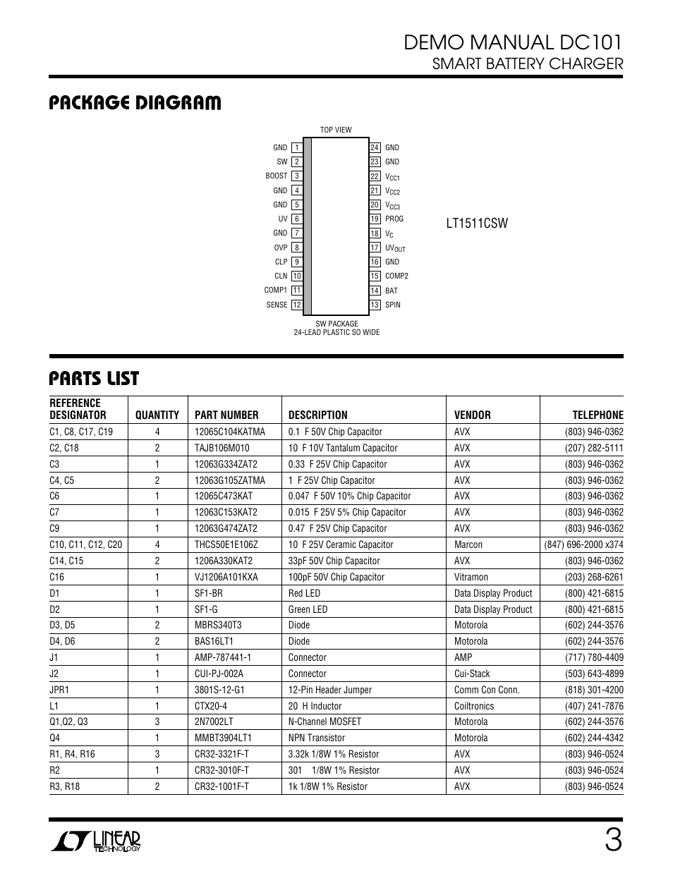 Demo manual dc101, Package diagra w, Parts list | Smart battery charger, Lt1511csw | Linear DC101 User Manual | Page 3 / 8