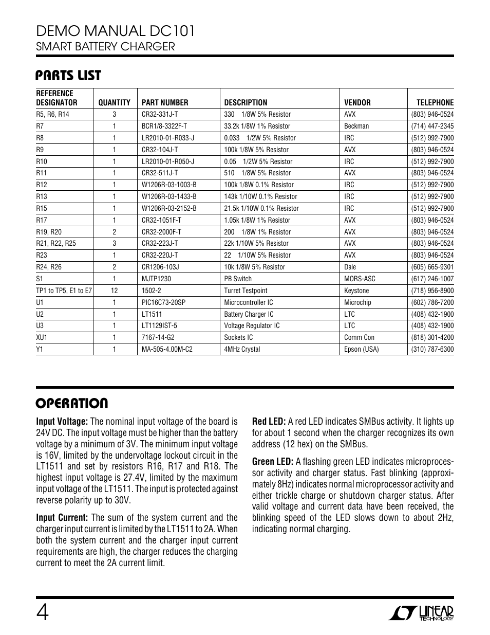 Demo manual dc101, Operatio u, Parts list | Smart battery charger | Linear DC101 User Manual | Page 4 / 8