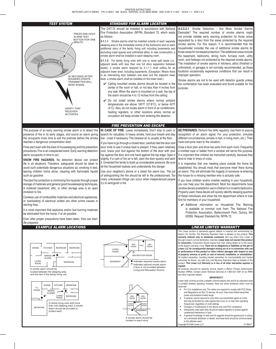 Test system standard for alarm location, Fire prevention and escape, Example alarm locations linear limited warranty | Linear DXT-72 User Manual | Page 2 / 2