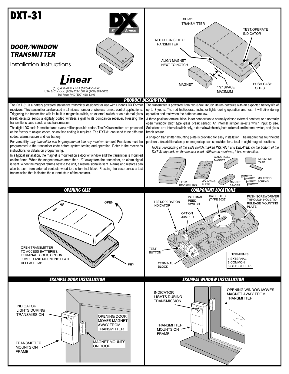 Linear DOOR/WINDOW TRANSMITTER DXT-31 User Manual | 2 pages