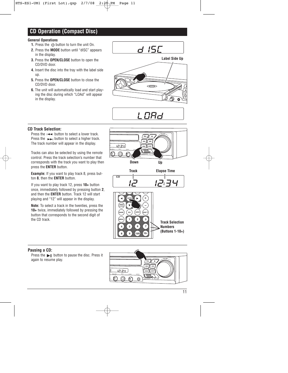 Cd operation (compact disc), Cd track selection, Pausing a cd | Down up, Track elapse time | Linear HTS-ES1 User Manual | Page 11 / 28