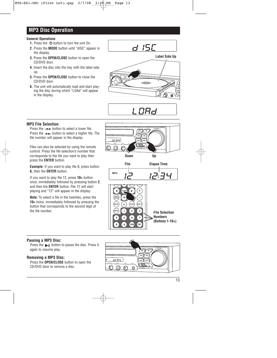 Mp3 disc operation, Mp3 file selection, Pausing a mp3 disc | Removing a mp3 disc, Down up, File elapse time | Linear HTS-ES1 User Manual | Page 13 / 28