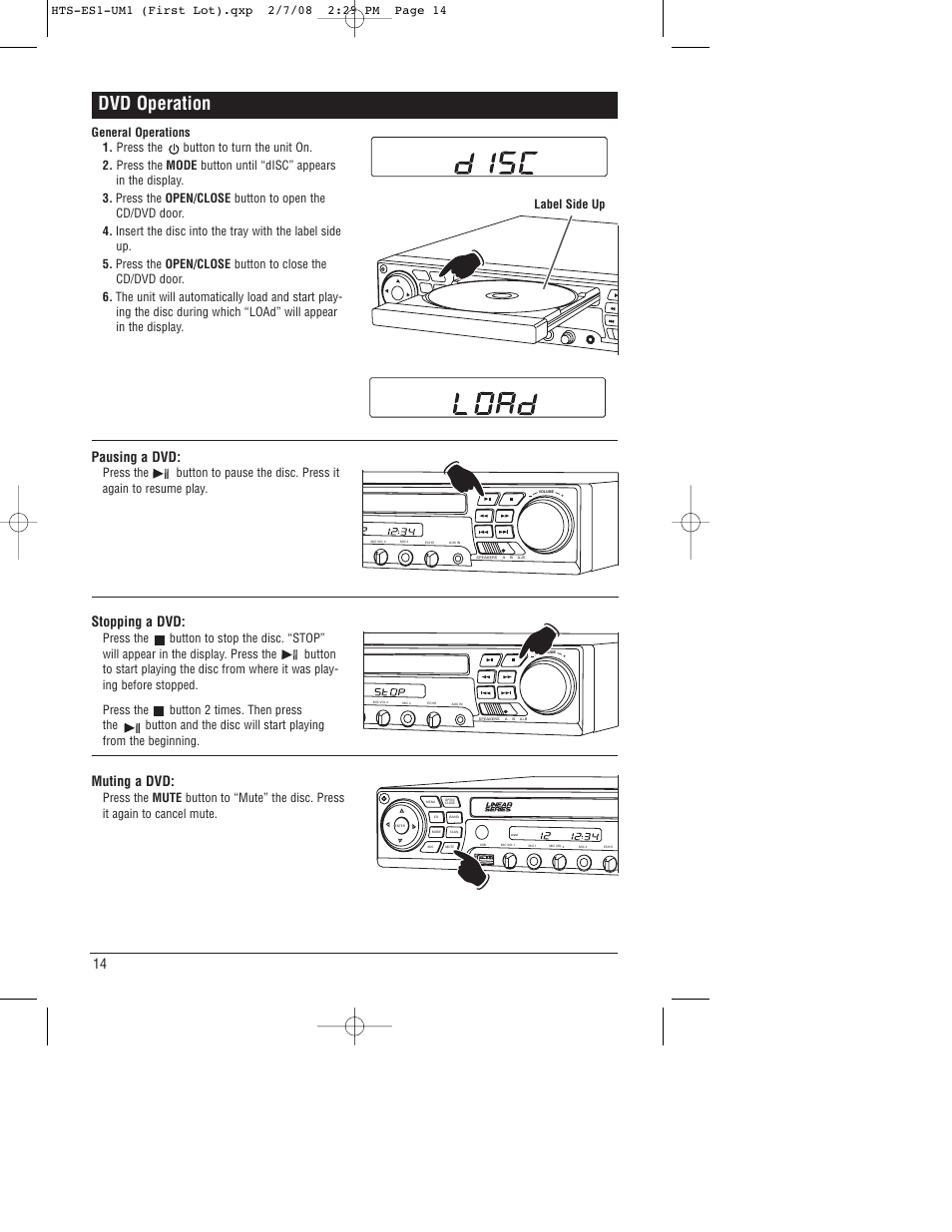 Dvd operation, 14 stopping a dvd, Muting a dvd | Pausing a dvd | Linear HTS-ES1 User Manual | Page 14 / 28