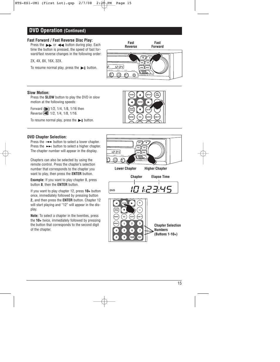 Dvd operation, Continued), Fast forward / fast reverse disc play | Slow motion, Dvd chapter selection, Fast reverse fast forward, Lower chapter higher chapter | Linear HTS-ES1 User Manual | Page 15 / 28