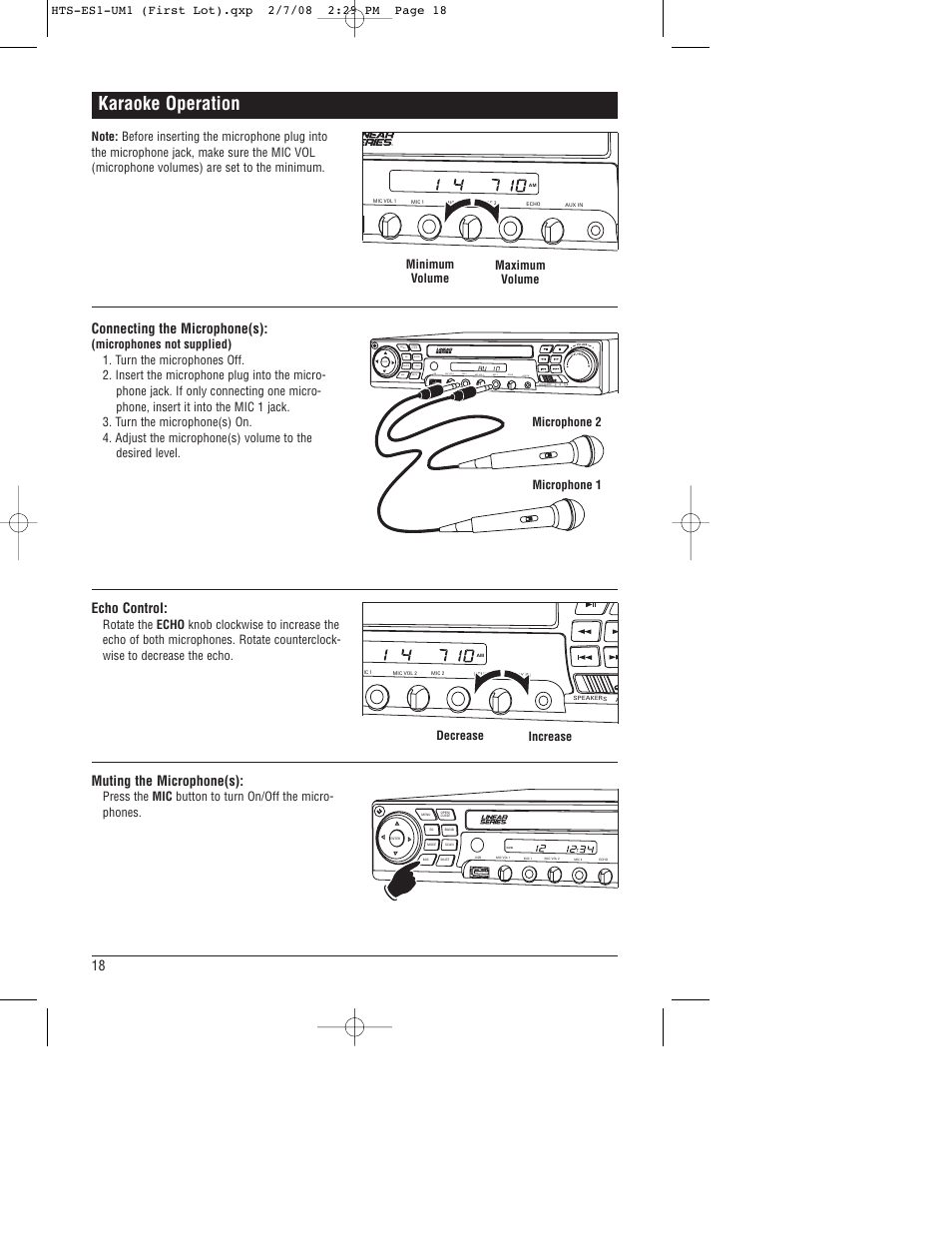 Karaoke operation, Connecting the microphone(s), Band open/ close mode scan mute mic ® eq | Echo control, Muting the microphone(s), Minimum volume maximum volume, Decrease increase | Linear HTS-ES1 User Manual | Page 18 / 28