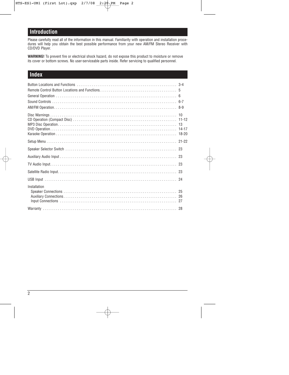 Introduction, Index | Linear HTS-ES1 User Manual | Page 2 / 28