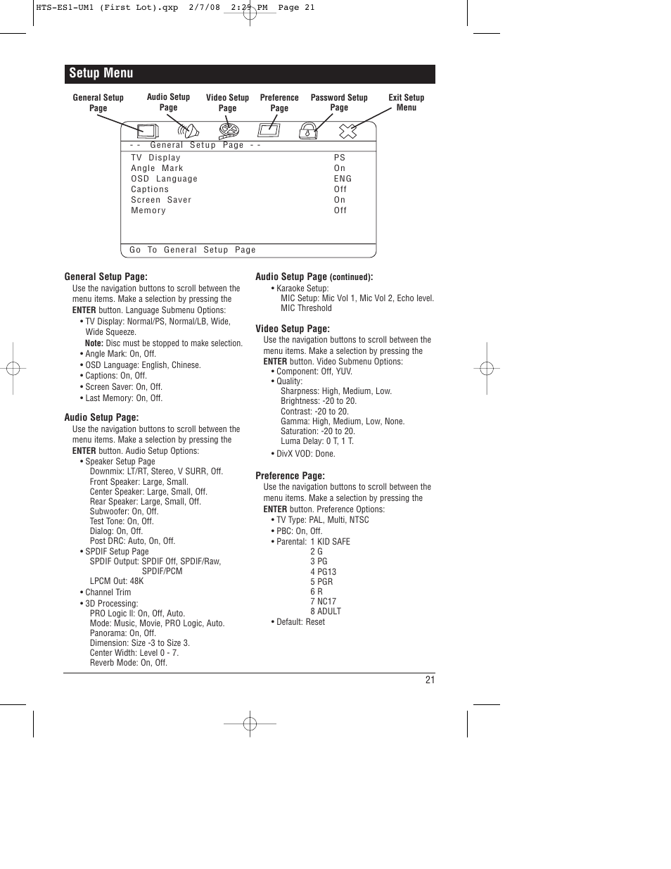 Setup menu | Linear HTS-ES1 User Manual | Page 21 / 28