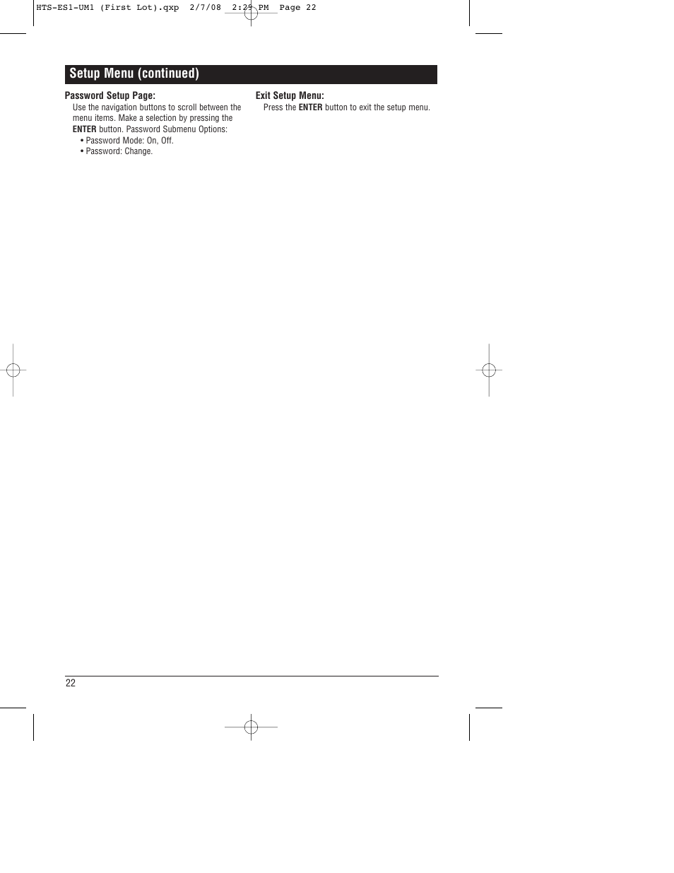 Setup menu (continued) | Linear HTS-ES1 User Manual | Page 22 / 28