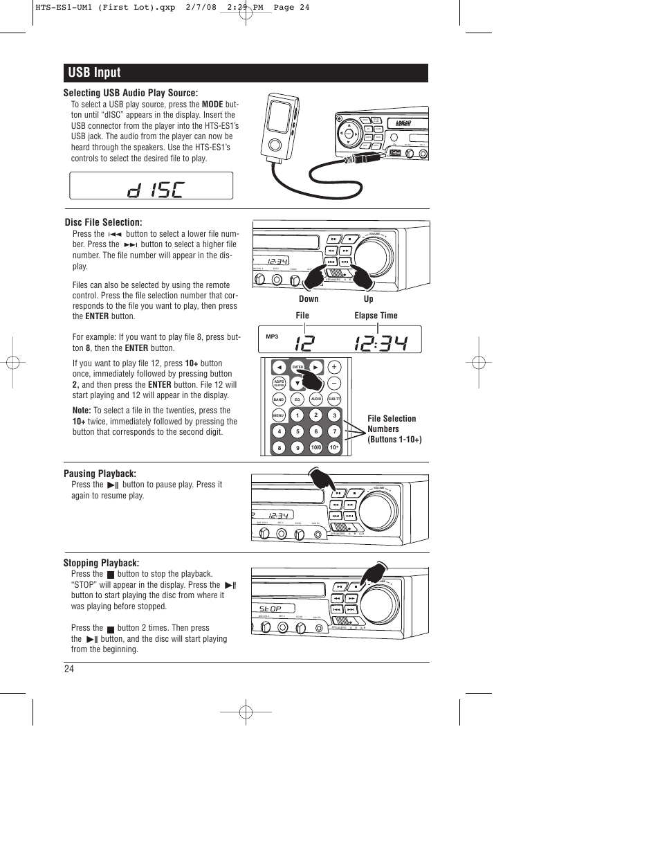 Usb input, Selecting usb audio play source, Disc file selection | Pausing playback, Stopping playback, Down up, File elapse time, File selection numbers (buttons 1-10+) | Linear HTS-ES1 User Manual | Page 24 / 28