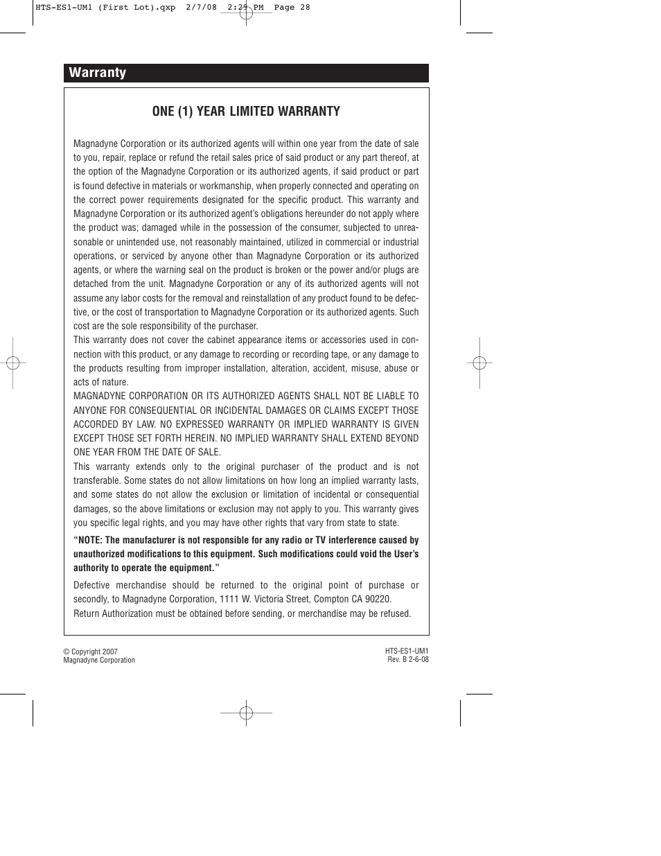 Warranty one (1) year limited warranty | Linear HTS-ES1 User Manual | Page 28 / 28