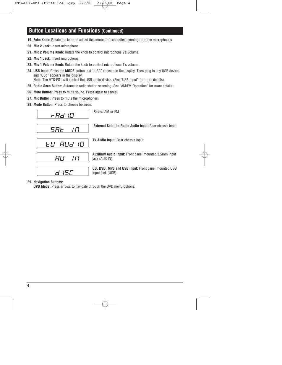 Button locations and functions | Linear HTS-ES1 User Manual | Page 4 / 28