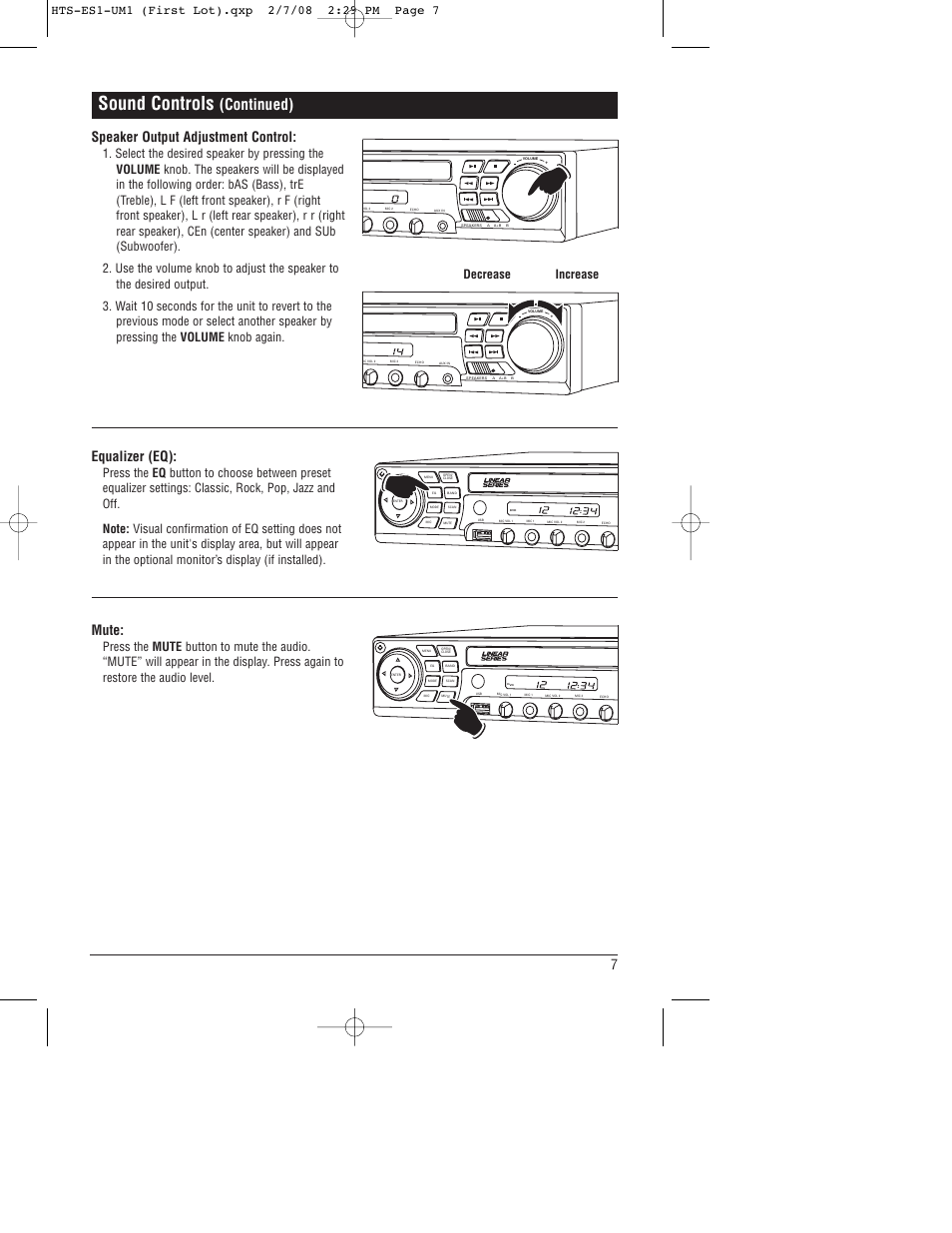 Sound controls, Continued), 7equalizer (eq) | Mute, Speaker output adjustment control | Linear HTS-ES1 User Manual | Page 7 / 28