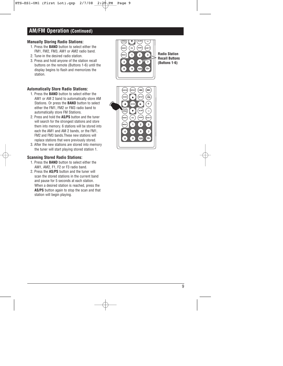 Am/fm operation, Continued), Manually storing radio stations | 9automatically store radio stations, Scanning stored radio stations, Radio station recall buttons (buttons 1-6) | Linear HTS-ES1 User Manual | Page 9 / 28