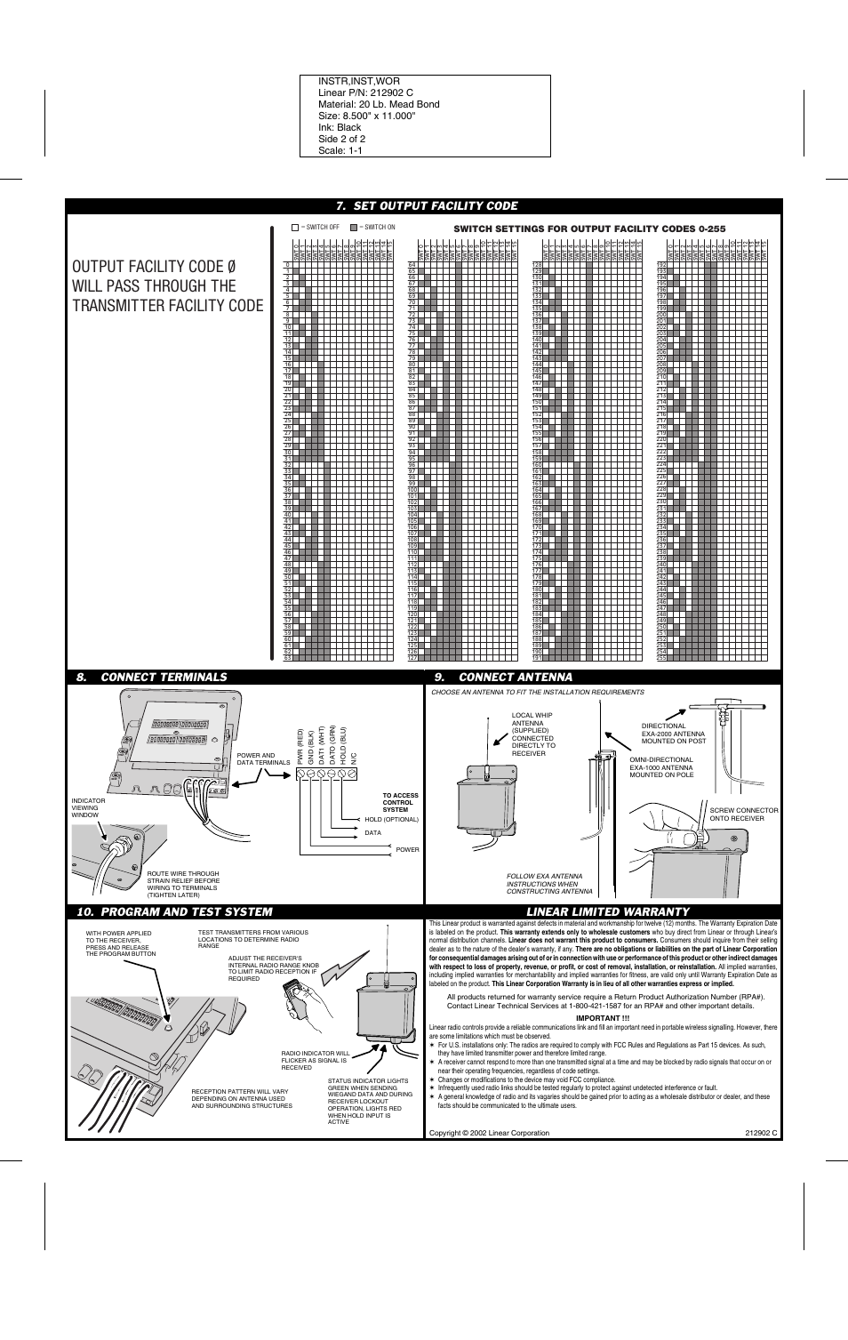 Switch settings for output facility codes 0-255 | Linear Radio User Manual | Page 2 / 2