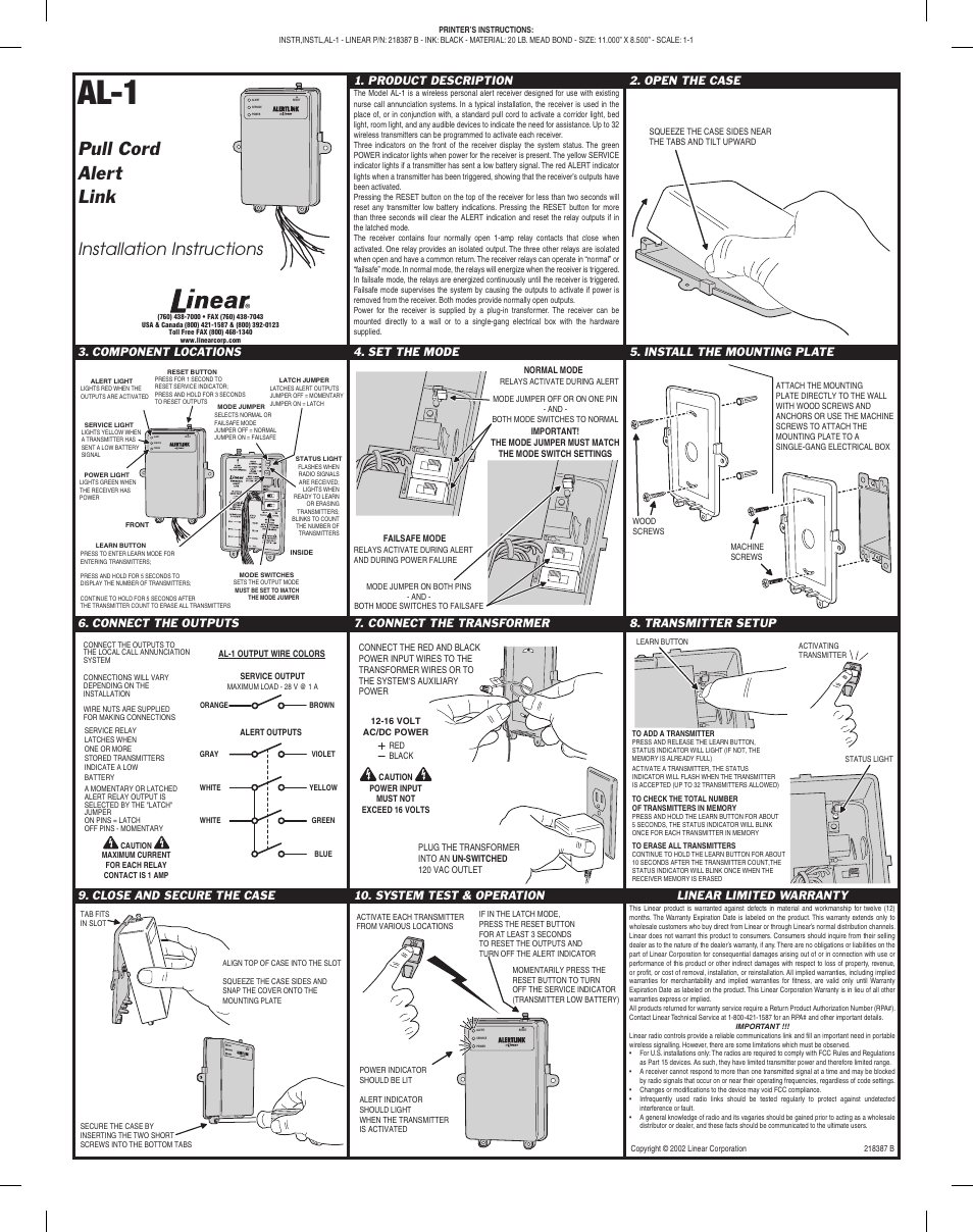 Linear AL-1 User Manual | 1 page