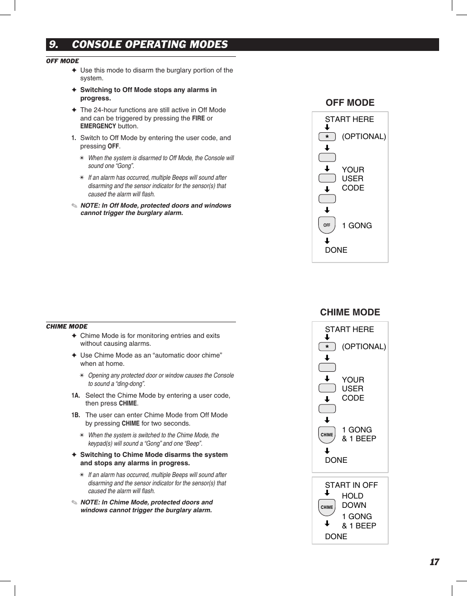 Console operating modes, Off mode, Chime mode | Linear DVS-2400 User Manual | Page 19 / 44