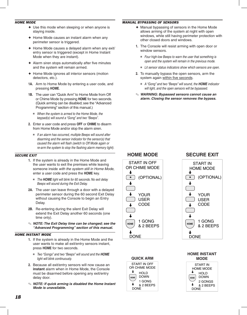 Home mode, Secure exit | Linear DVS-2400 User Manual | Page 20 / 44