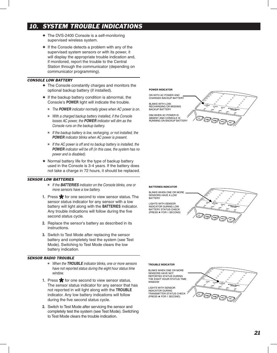 System trouble indications | Linear DVS-2400 User Manual | Page 23 / 44