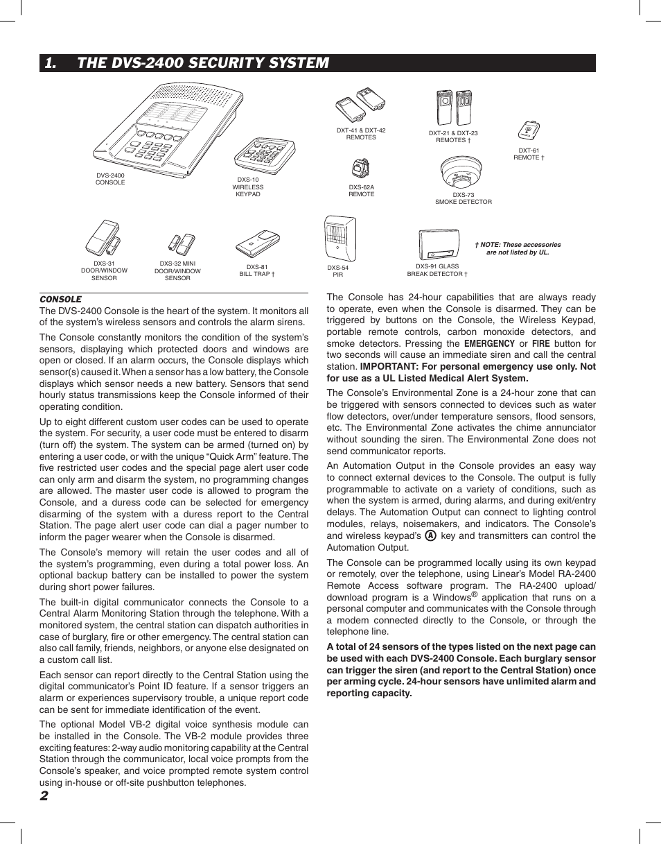 The dvs-2400 security system | Linear DVS-2400 User Manual | Page 4 / 44