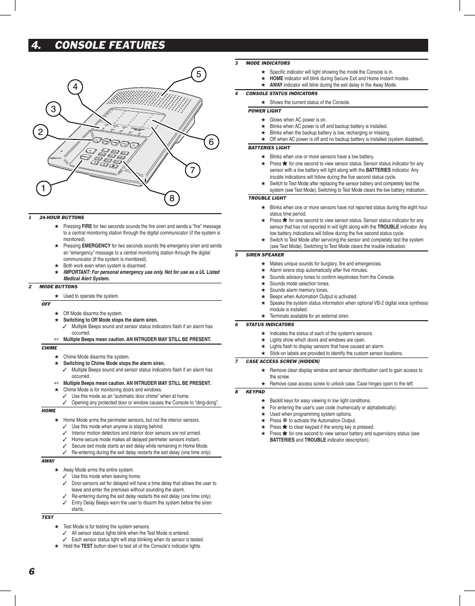 Console features | Linear DVS-2400 User Manual | Page 8 / 44