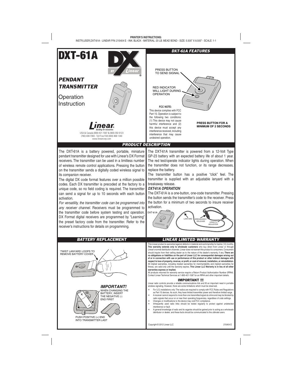 Linear PENDANT DXT-61A User Manual | 1 page