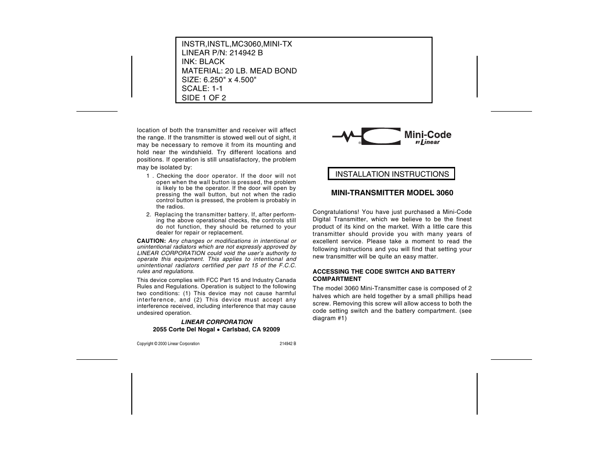 Linear 3060 User Manual | 2 pages