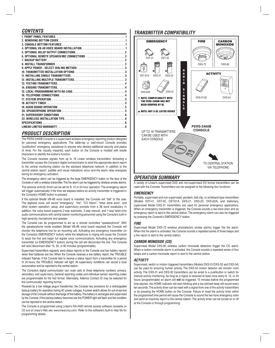 Contents product description, Transmitter compatibility operation summary | Linear PERS-2400B User Manual | Page 2 / 8