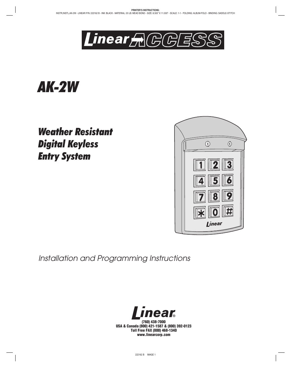 Linear WEATHER RESISTANT KEYLESS ENTRY SYSTEM AK-2W User Manual | 8 pages