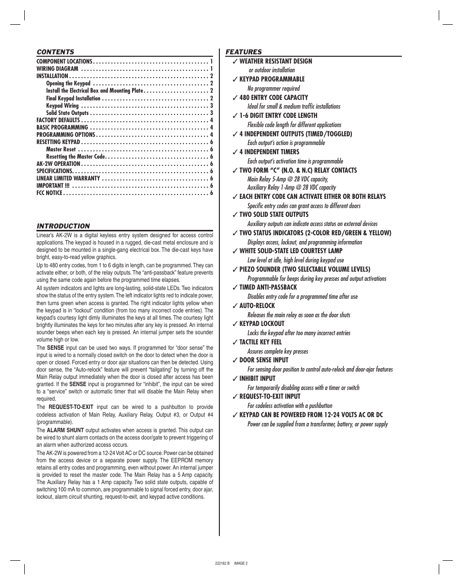 Linear WEATHER RESISTANT KEYLESS ENTRY SYSTEM AK-2W User Manual | Page 2 / 8