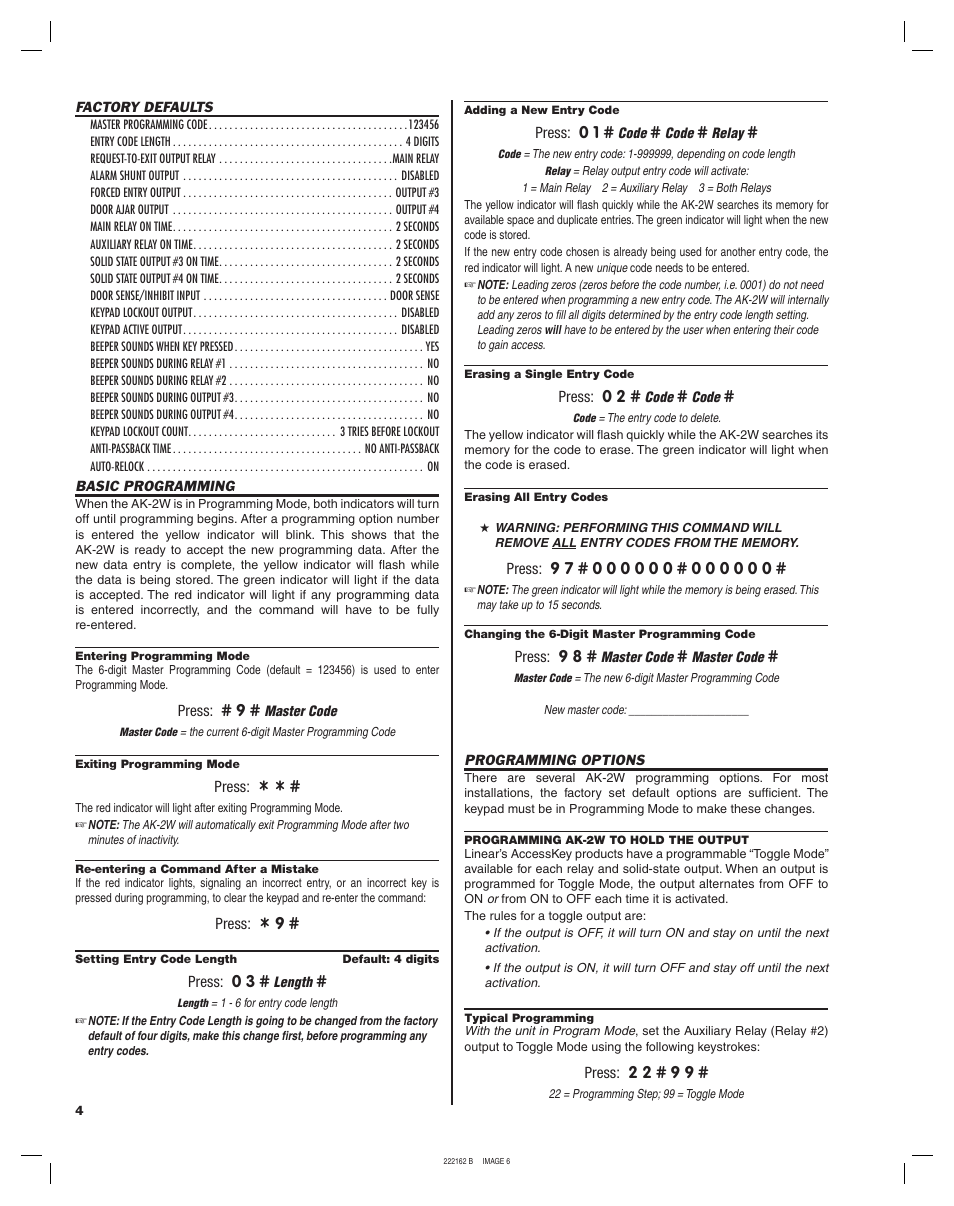 Linear WEATHER RESISTANT KEYLESS ENTRY SYSTEM AK-2W User Manual | Page 6 / 8
