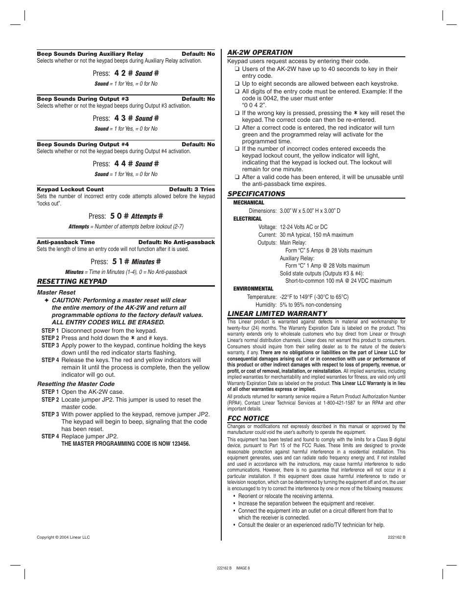 Press: 4 2, Press: 4 3, Press: 4 4 | Press: 5 0, Press: 5 1 | Linear WEATHER RESISTANT KEYLESS ENTRY SYSTEM AK-2W User Manual | Page 8 / 8