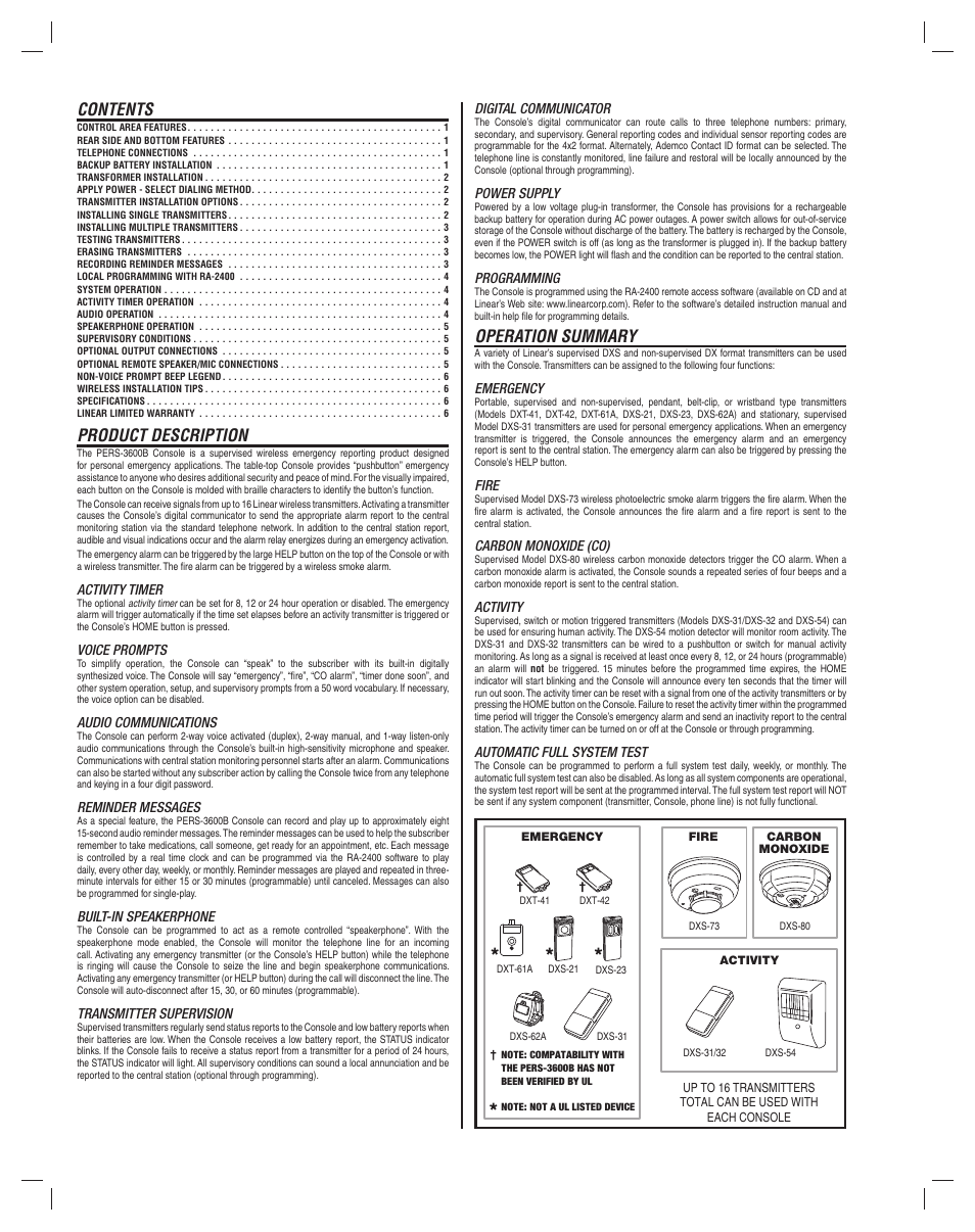 Contents product description, Operation summary | Linear PERS-3600B User Manual | Page 2 / 8