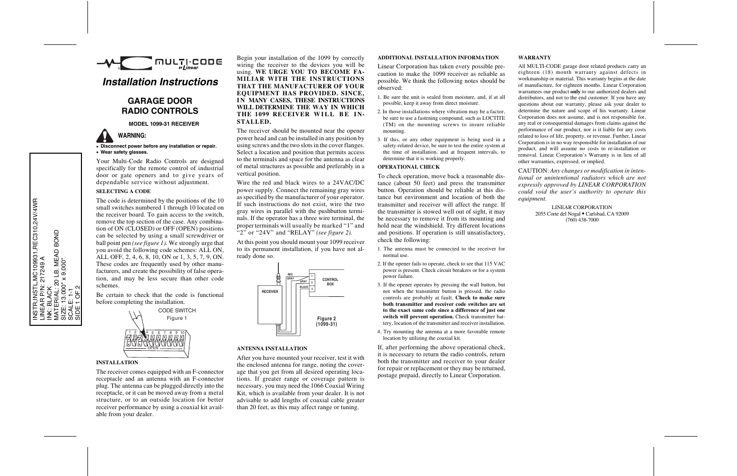 Linear MULTI-CODE 1099-31 User Manual | 1 page