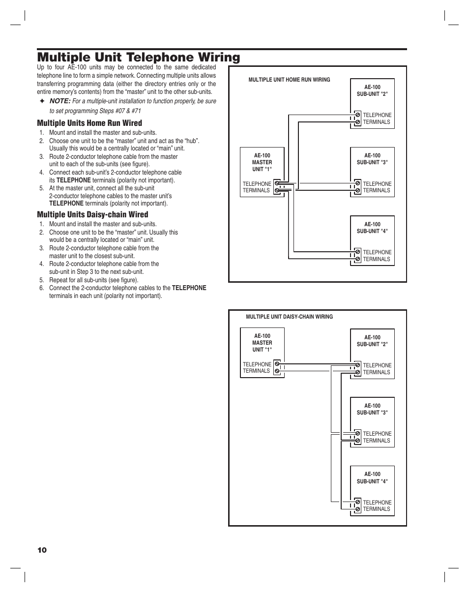 Multiple unit telephone wiring, Multiple units home run wired, Multiple units daisy-chain wired | Linear AE-100 User Manual | Page 10 / 36