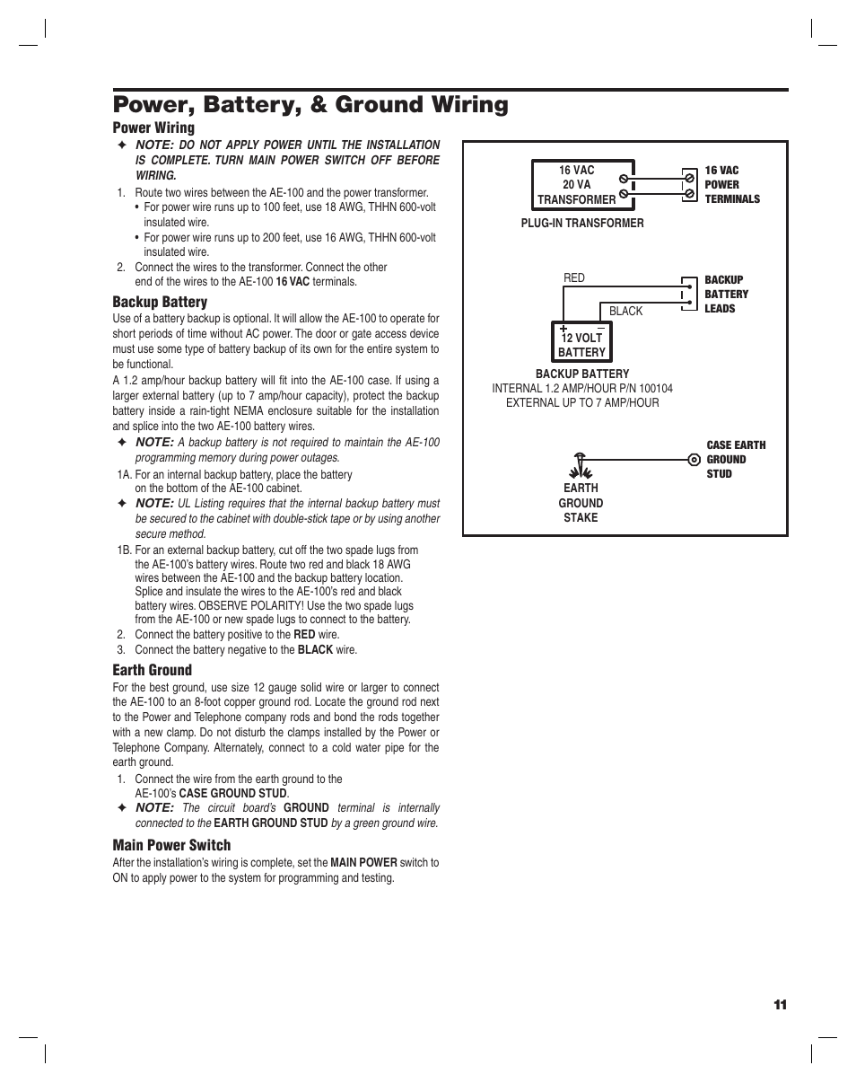 Power, battery, & ground wiring | Linear AE-100 User Manual | Page 11 / 36