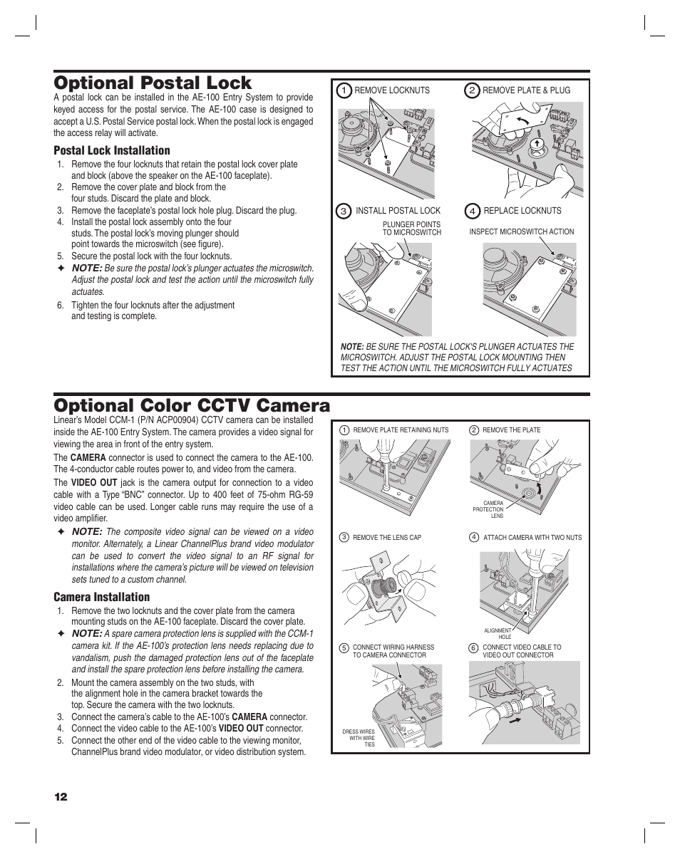 Optional postal lock, Optional color cctv camera, Postal lock installation | Camera installation | Linear AE-100 User Manual | Page 12 / 36