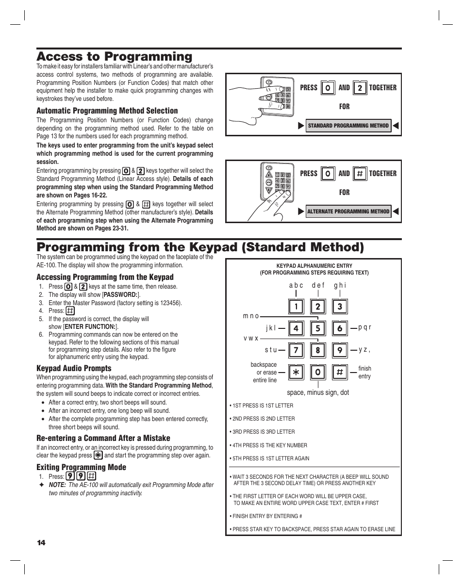 Access to programming, Programming from the keypad (standard method) | Linear AE-100 User Manual | Page 14 / 36
