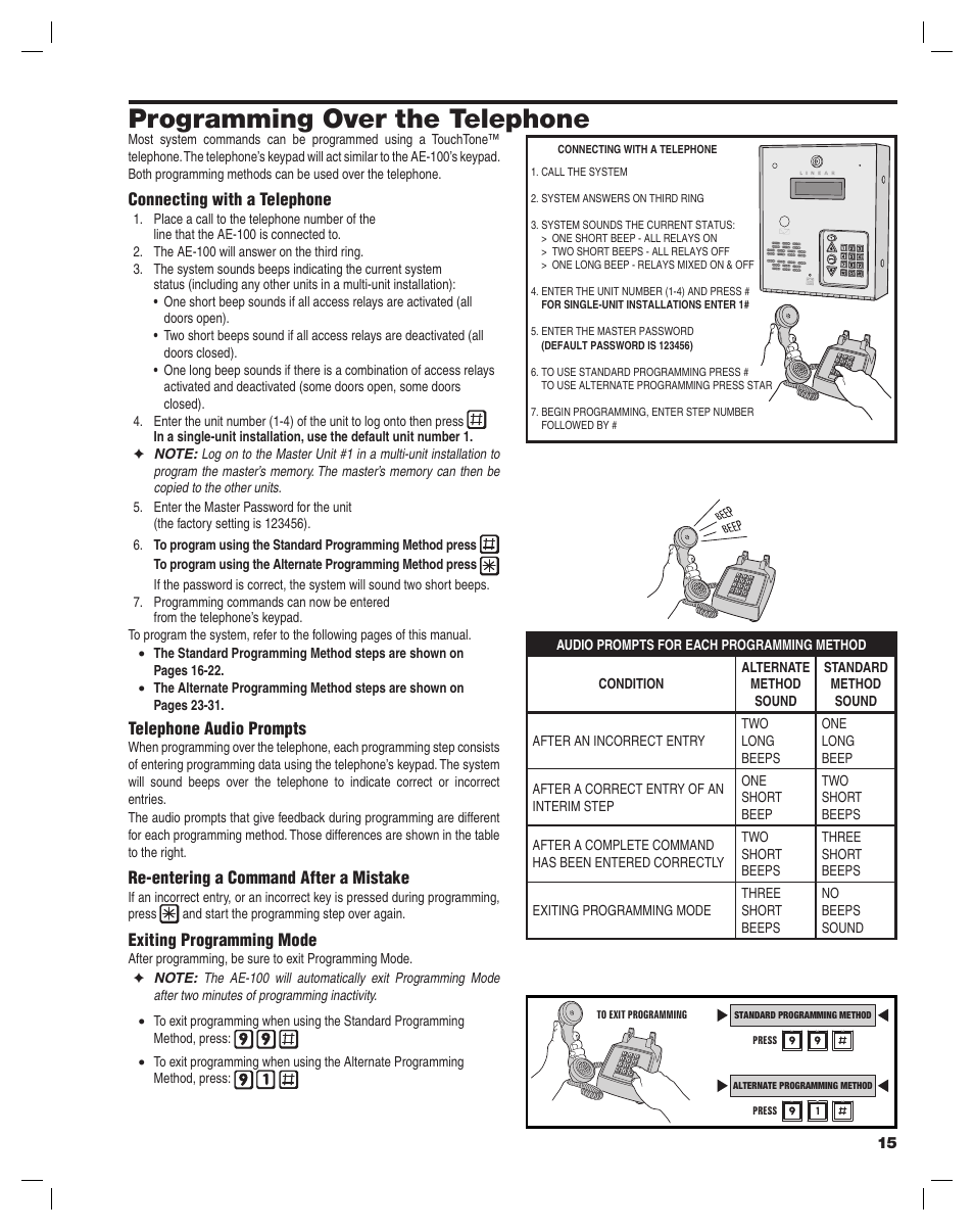 Programming over the telephone | Linear AE-100 User Manual | Page 15 / 36