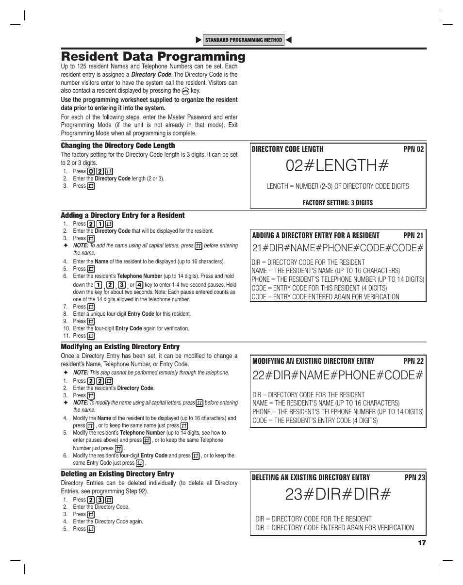 02#length, 23#dir#dir, Resident data programming | 22#dir#name#phone#code, 21#dir#name#phone#code#code | Linear AE-100 User Manual | Page 17 / 36