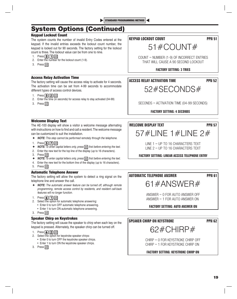 51#count, 57#line 1#line 2, 61#answer | 52#seconds, 62#chirp, System options (continued) | Linear AE-100 User Manual | Page 19 / 36