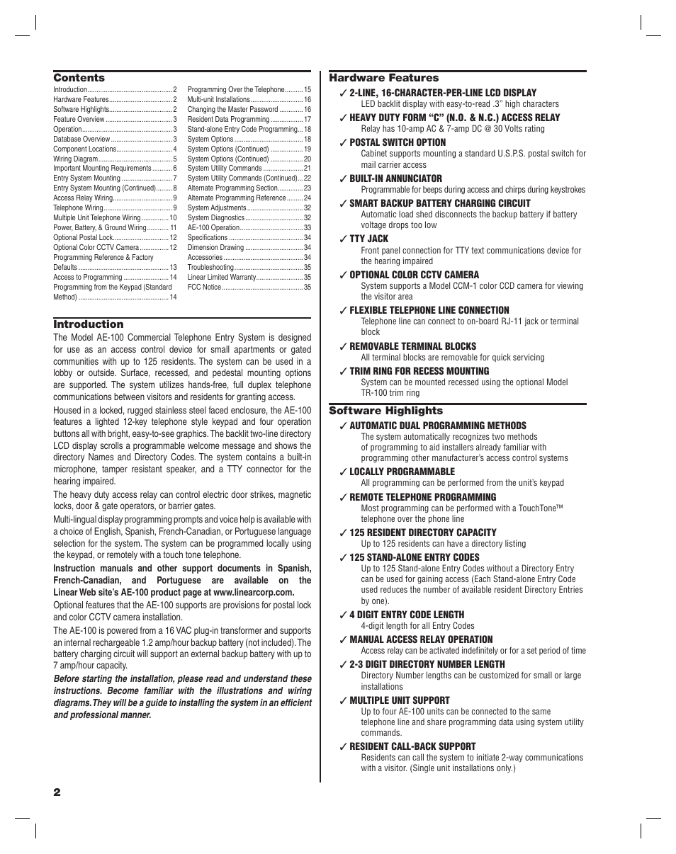 Linear AE-100 User Manual | Page 2 / 36